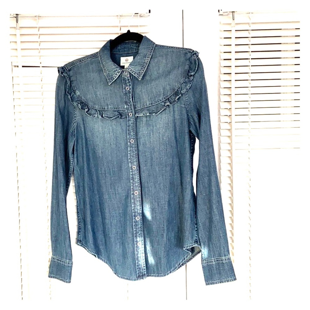 Denim button down chambray shirt with ruffle